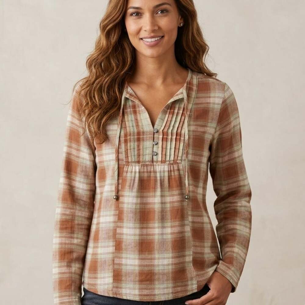 Prana Peasant Top Womens Medium Brown Pintucked Organic Cotton Boho Blouse